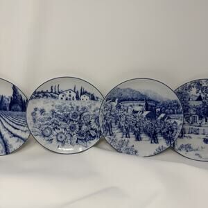 Set of Six Williams Sonoma Les Domaines Porcelain Plates Blue & White EUC